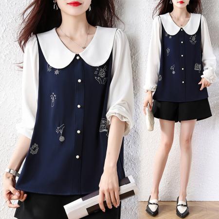 FA55475# 大码女装娃娃领绣花假两件小衫胖mm卡通设计感修身减龄上衣  服裝批發女裝批發服飾貨源