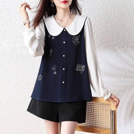 FA55475# 大码女装娃娃领绣花假两件小衫胖mm卡通设计感修身减龄上衣  服裝批發女裝批發服飾貨源