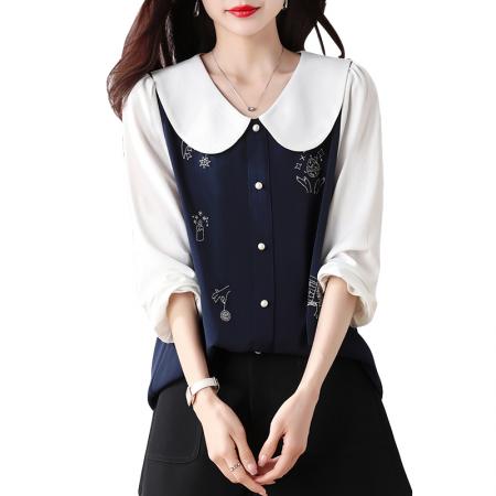 FA55475# 大码女装娃娃领绣花假两件小衫胖mm卡通设计感修身减龄上衣  服裝批發女裝批發服飾貨源