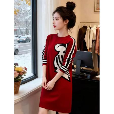 FA55478# 新年爆款红色针织连衣裙女显瘦中长款配大衣内搭打底毛衣裙子  服裝批發女裝批發服飾貨源