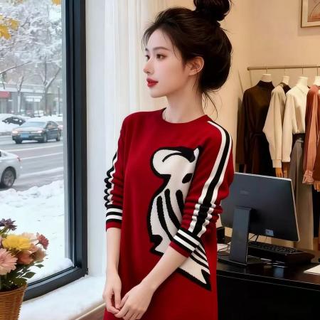 FA55478# 新年爆款红色针织连衣裙女显瘦中长款配大衣内搭打底毛衣裙子  服裝批發女裝批發服飾貨源