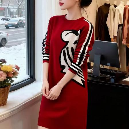 FA55478# 新年爆款红色针织连衣裙女显瘦中长款配大衣内搭打底毛衣裙子  服裝批發女裝批發服飾貨源