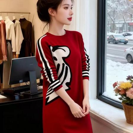 FA55478# 新年爆款红色针织连衣裙女显瘦中长款配大衣内搭打底毛衣裙子  服裝批發女裝批發服飾貨源