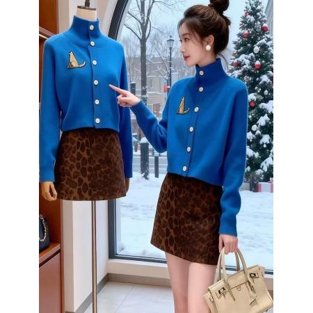 FA55479# 蓝色毛衣新款外套高领慵懒高级针织上衣开衫秋冬长袖百搭外穿  服裝批發女裝批發服飾貨源