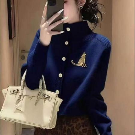 FA55479# 蓝色毛衣新款外套高领慵懒高级针织上衣开衫秋冬长袖百搭外穿  服裝批發女裝批發服飾貨源