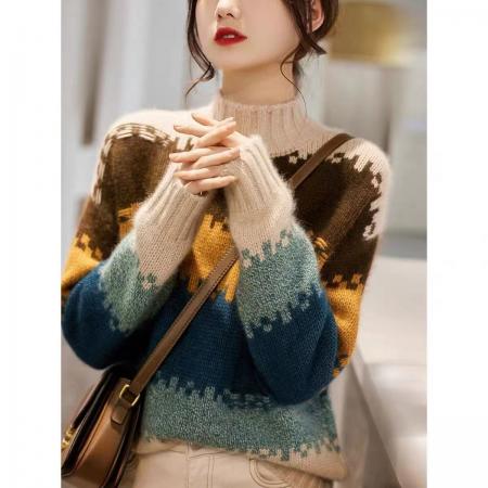 FA55480# い高颜值+“软实力”细腻彩虹条纹气质半高领针织毛衣  服裝批發女裝批發服飾貨源