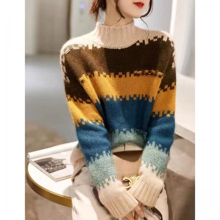 FA55480# い高颜值+“软实力”细腻彩虹条纹气质半高领针织毛衣  服裝批發女裝批發服飾貨源