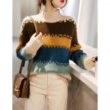 FA55480# い高颜值+“软实力”细腻彩虹条纹气质半高领针织毛衣  服裝批發女裝批發服飾貨源