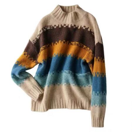 FA55480# い高颜值+“软实力”细腻彩虹条纹气质半高领针织毛衣  服裝批發女裝批發服飾貨源