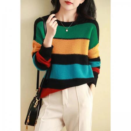 FA55483# 彩虹般配色圆领撞色条纹拼接全羊毛针织衫套头外穿毛衣  服裝批發女裝批發服飾貨源