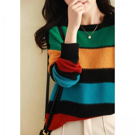 FA55483# 彩虹般配色圆领撞色条纹拼接全羊毛针织衫套头外穿毛衣  服裝批發女裝批發服飾貨源
