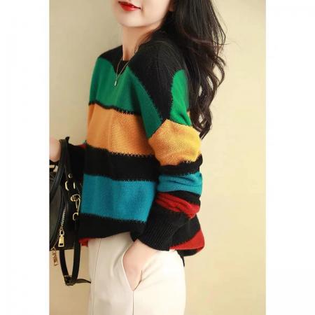 FA55483# 彩虹般配色圆领撞色条纹拼接全羊毛针织衫套头外穿毛衣  服裝批發女裝批發服飾貨源
