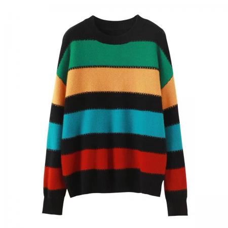 FA55483# 彩虹般配色圆领撞色条纹拼接全羊毛针织衫套头外穿毛衣  服裝批發女裝批發服飾貨源