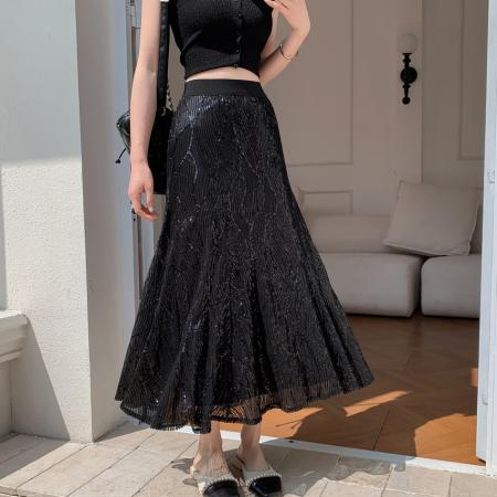FA55484# 小众高品质春夏新款亮片高腰中长款包臀显瘦鱼尾裙长裙半身裙  服裝批發女裝批發服飾貨源