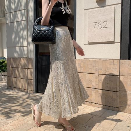 FA55484# 小众高品质春夏新款亮片高腰中长款包臀显瘦鱼尾裙长裙半身裙  服裝批發女裝批發服飾貨源