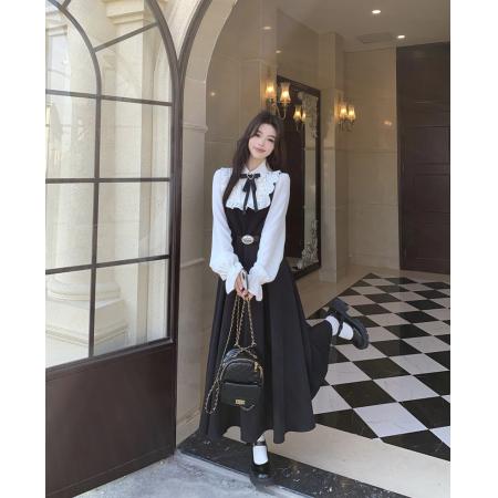 FA55485# 大码学院风气质撞色假两件连衣裙女新款早春衬衫领高级感长裙  服裝批發女裝批發服飾貨源