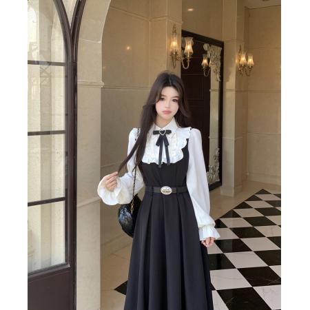 FA55485# 大码学院风气质撞色假两件连衣裙女新款早春衬衫领高级感长裙  服裝批發女裝批發服飾貨源