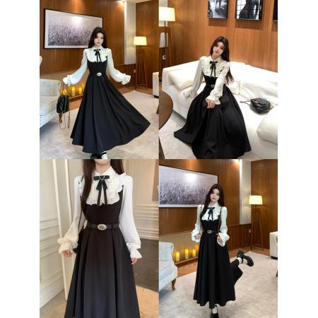 FA55485# 大码学院风气质撞色假两件连衣裙女新款早春衬衫领高级感长裙  服裝批發女裝批發服飾貨源