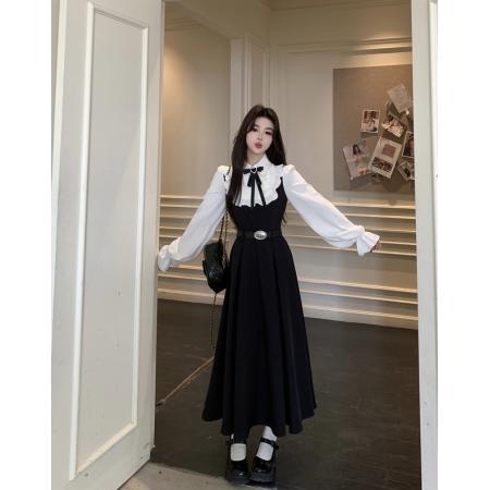 FA55485# 大码学院风气质撞色假两件连衣裙女新款早春衬衫领高级感长裙  服裝批發女裝批發服飾貨源