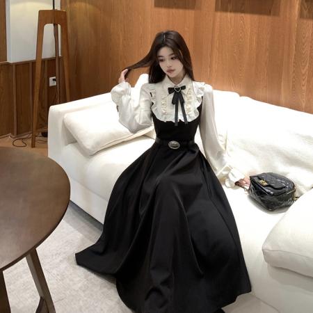 FA55485# 大码学院风气质撞色假两件连衣裙女新款早春衬衫领高级感长裙  服裝批發女裝批發服飾貨源