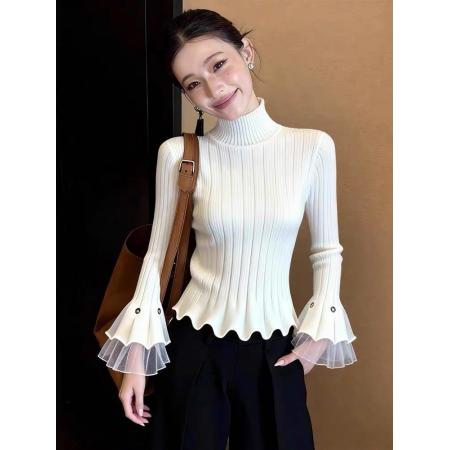 FA55488# 法式设计感喇叭袖高领针织衫白色修身显瘦轻奢上衣春季新款女  服裝批發女裝批發服飾貨源