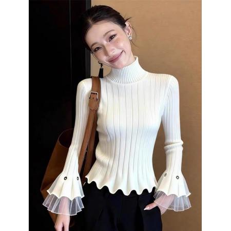 FA55488# 法式设计感喇叭袖高领针织衫白色修身显瘦轻奢上衣春季新款女  服裝批發女裝批發服飾貨源