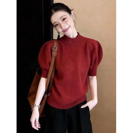 FA55489# 气质红色针织上衣立领洋气通勤百搭修身显瘦减龄女装春季新款  服裝批發女裝批發服飾貨源