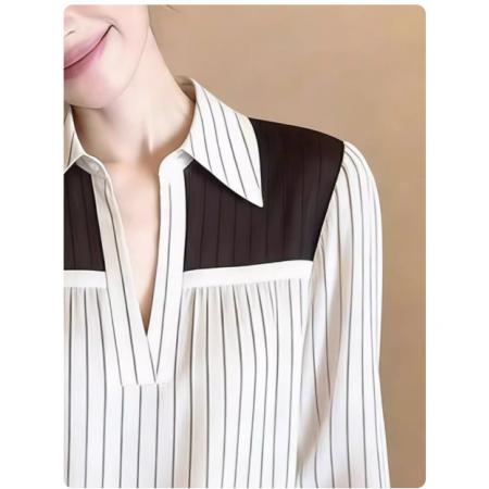 FA55492# 通勤风复古撞色条纹翻领衬衫女春季新款长袖宽松V领漂亮小衫  服裝批發女裝批發服飾貨源