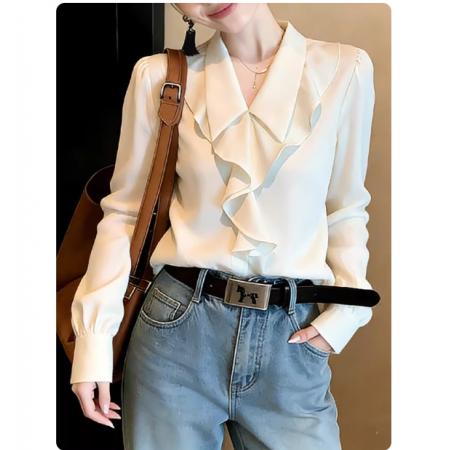 FA55494# 法式荷叶边翻领缎面衬衫女春季新款内搭设计感小众长袖雪纺衫上衣  服裝批發女裝批發服飾貨源