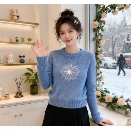 FA55497# 蓝色字母印花针织衫女冬季新款超火时尚减龄内搭可外穿上衣  服裝批發女裝批發服飾貨源