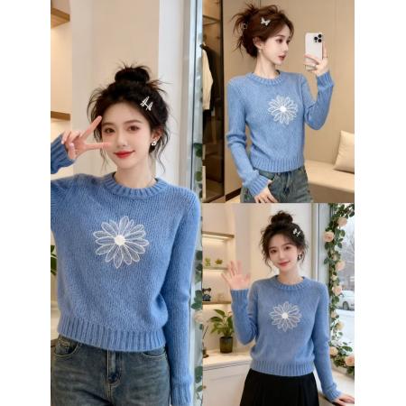 FA55497# 蓝色字母印花针织衫女冬季新款超火时尚减龄内搭可外穿上衣  服裝批發女裝批發服飾貨源