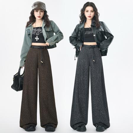 FA55498# 简约豹纹高级感通勤弯刀西裤女新款垂感香蕉美式阔腿裤休闲裤  服裝批發女裝批發服飾貨源