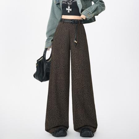 FA55498# 简约豹纹高级感通勤弯刀西裤女新款垂感香蕉美式阔腿裤休闲裤  服裝批發女裝批發服飾貨源