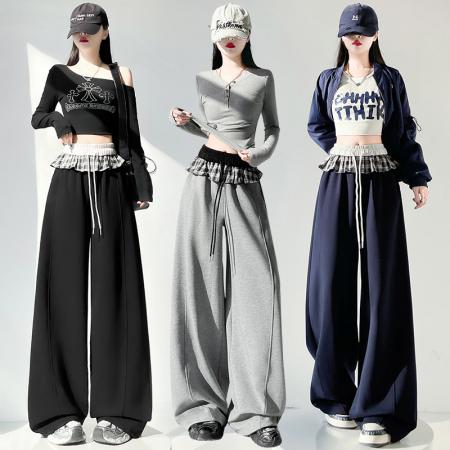 FA55499# 格子拼接荷叶边美式辣妹弯刀裤女春季新款运动卫裤阔腿裤  服裝批發女裝批發服飾貨源