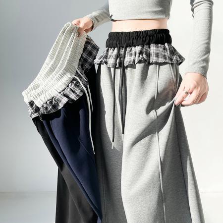 FA55499# 格子拼接荷叶边美式辣妹弯刀裤女春季新款运动卫裤阔腿裤  服裝批發女裝批發服飾貨源