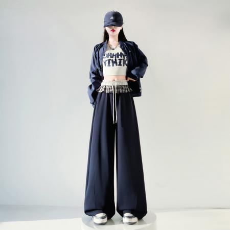 FA55499# 格子拼接荷叶边美式辣妹弯刀裤女春季新款运动卫裤阔腿裤  服裝批發女裝批發服飾貨源