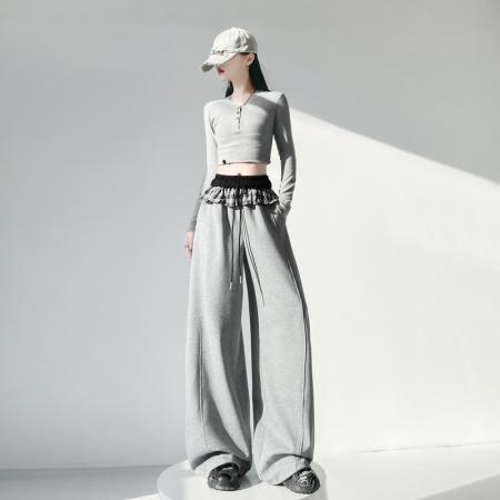 FA55499# 格子拼接荷叶边美式辣妹弯刀裤女春季新款运动卫裤阔腿裤  服裝批發女裝批發服飾貨源