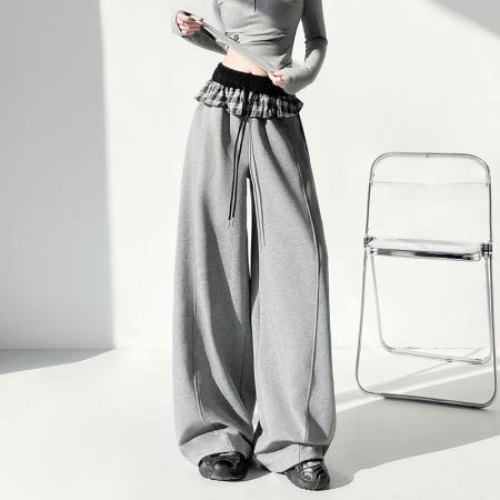 FA55499# 格子拼接荷叶边美式辣妹弯刀裤女春季新款运动卫裤阔腿裤  服裝批發女裝批發服飾貨源