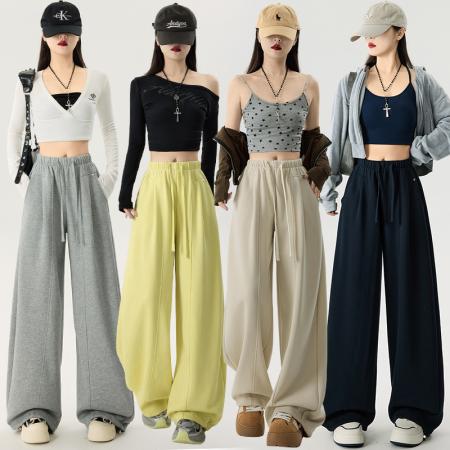 FA55500# 垂感宽松bf慵懒风运动卫裤女春季新款阔腿情侣弯刀裤休闲裤子  服裝批發女裝批發服飾貨源