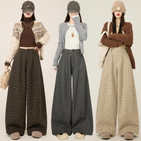 FA55501# 毛呢西装裤女秋冬新款高腰宽松印花休闲弯刀裤慵懒显瘦阔腿裤  服裝批發女裝批發服飾貨源