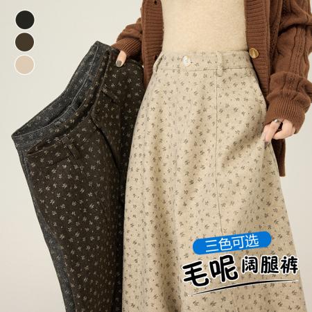 FA55501# 毛呢西装裤女秋冬新款高腰宽松印花休闲弯刀裤慵懒显瘦阔腿裤  服裝批發女裝批發服飾貨源