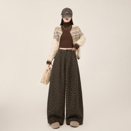 FA55501# 毛呢西装裤女秋冬新款高腰宽松印花休闲弯刀裤慵懒显瘦阔腿裤  服裝批發女裝批發服飾貨源