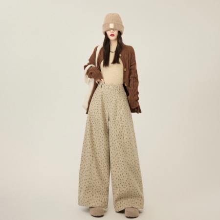 FA55501# 毛呢西装裤女秋冬新款高腰宽松印花休闲弯刀裤慵懒显瘦阔腿裤  服裝批發女裝批發服飾貨源