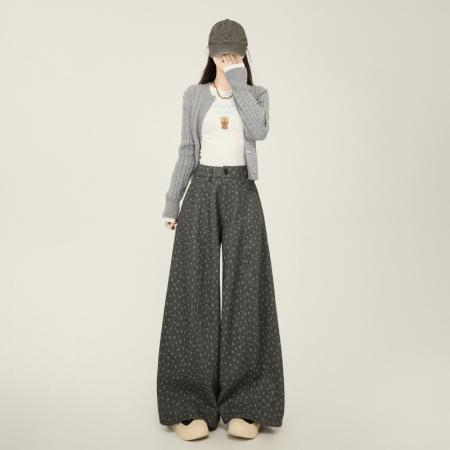 FA55501# 毛呢西装裤女秋冬新款高腰宽松印花休闲弯刀裤慵懒显瘦阔腿裤  服裝批發女裝批發服飾貨源