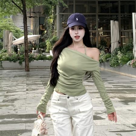 FA55502# 假两件斜肩荡领长袖T恤女蕾丝挂脖打底衫上衣  服裝批發女裝批發服飾貨源