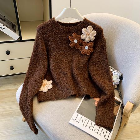 FA55504# 冬装新款甜美森系立体花朵毛衣女小个子圆领短款针织衫  服裝批發女裝批發服飾貨源