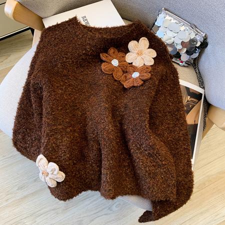 FA55504# 冬装新款甜美森系立体花朵毛衣女小个子圆领短款针织衫  服裝批發女裝批發服飾貨源