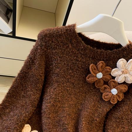 FA55504# 冬装新款甜美森系立体花朵毛衣女小个子圆领短款针织衫  服裝批發女裝批發服飾貨源