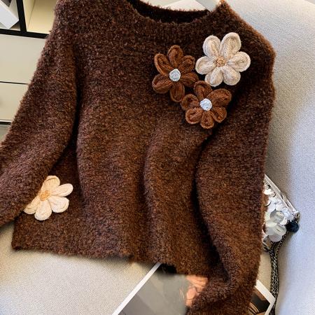 FA55504# 冬装新款甜美森系立体花朵毛衣女小个子圆领短款针织衫  服裝批發女裝批發服飾貨源