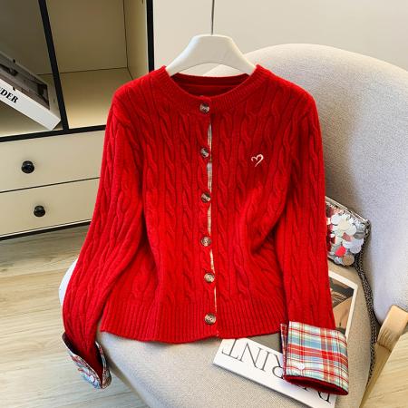 FA55505# 红色格子拼接针织开衫冬季保暖学院风chic麻花毛衣  服裝批發女裝批發服飾貨源